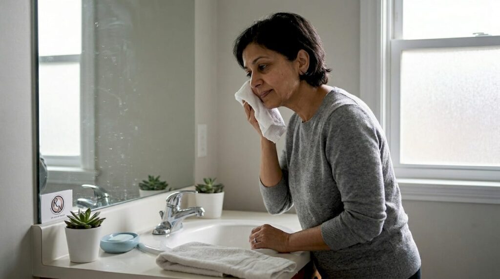Woman gently caring for a healing facial wound at home, emphasizing post-operative skin care after skin cancer removal.