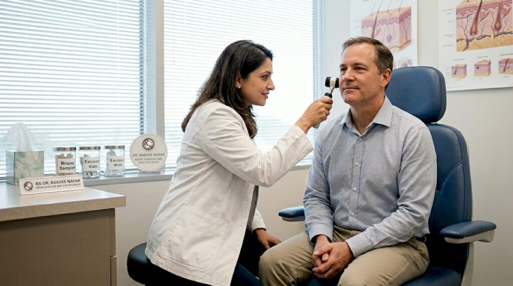 Dermatologist examining patient's cheek in clinic