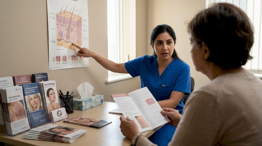 Doctor in blue scrubs explaining skin anatomy to patient, discussing Mohs surgery options, with informational brochures on table, emphasizing patient education on skin cancer treatment.