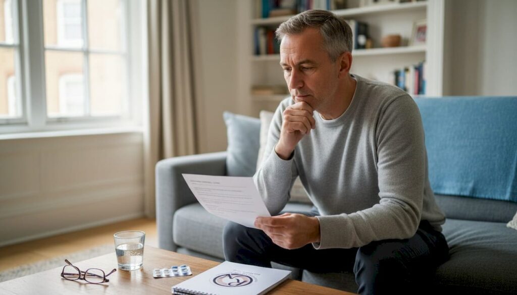 Man reading a document at home, contemplating preparation for Mohs surgery, with a glass of water and medication on the table, emphasizing the importance of being informed and calm before the procedure.