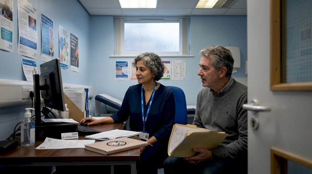 Dermatologist discussing diagnosis with patient