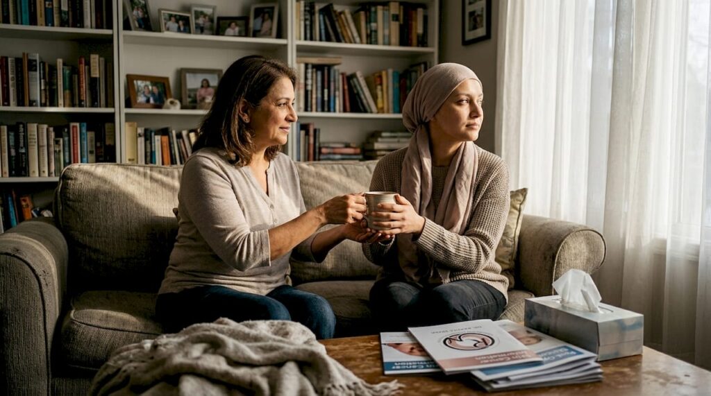 Friends providing emotional support in sunlit living room during skin cancer recovery, sharing a warm drink, with care materials visible on the table.