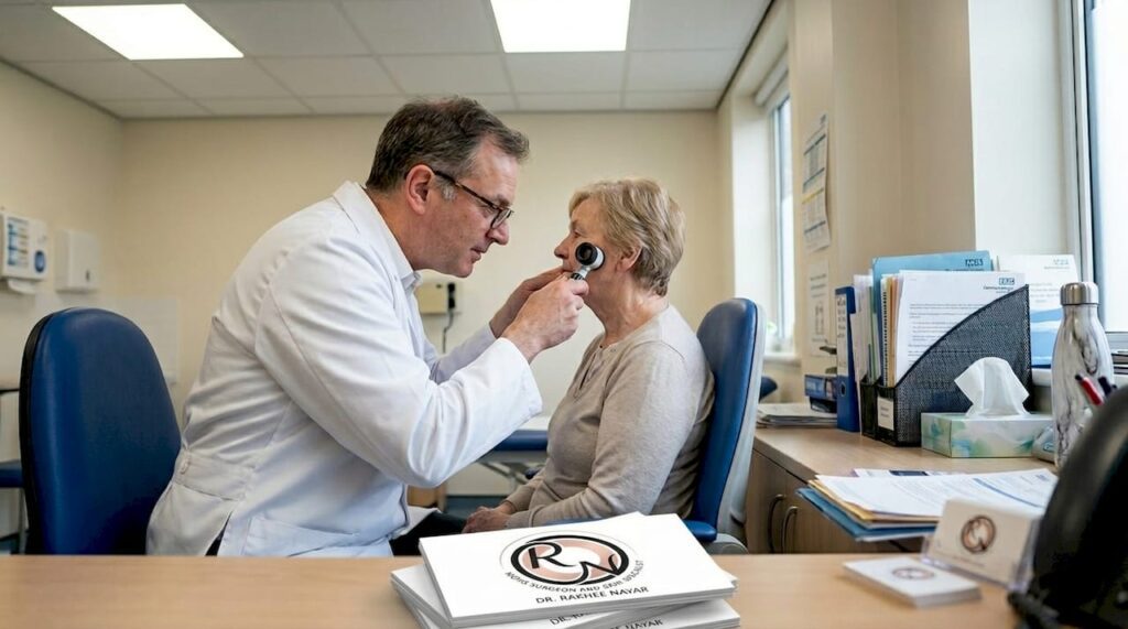 Dermatologist examining patient’s facial skin