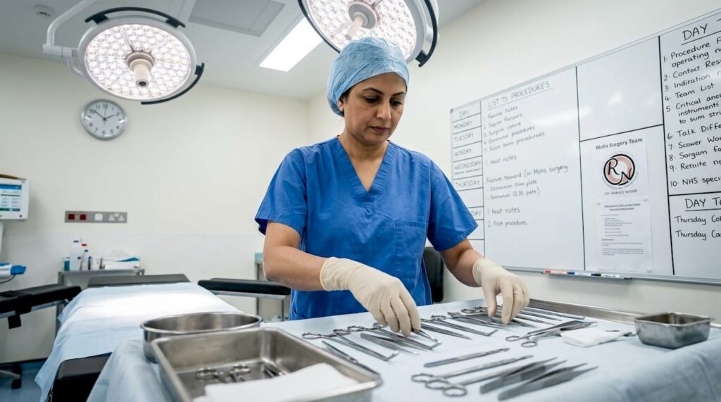 Nurse in surgical scrubs preparing instruments on a tray in an operating room, emphasizing skin cancer surgery and Mohs reconstruction techniques.