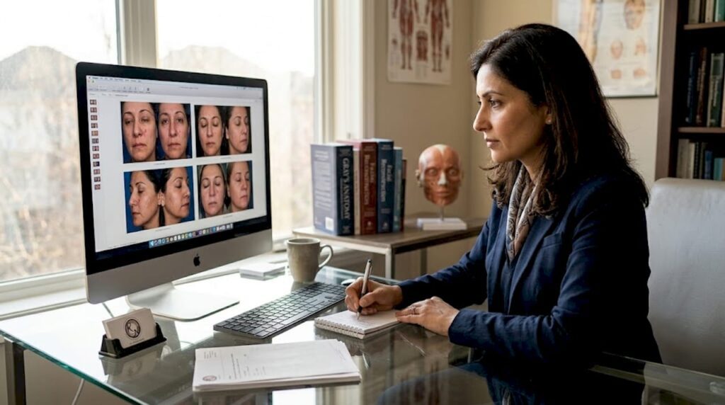 Surgeon reviewing facial reconstruction case files on computer screen, analyzing before-and-after images of patients, with anatomical models and medical books in the background.