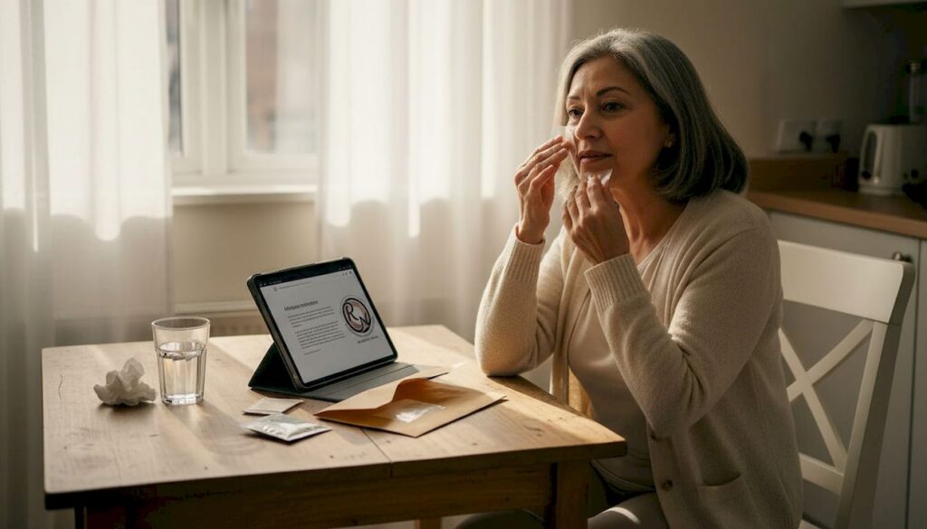 Older woman applying skincare product while consulting tablet on Mohs surgery recovery tips, with water glass and tissue on wooden table.