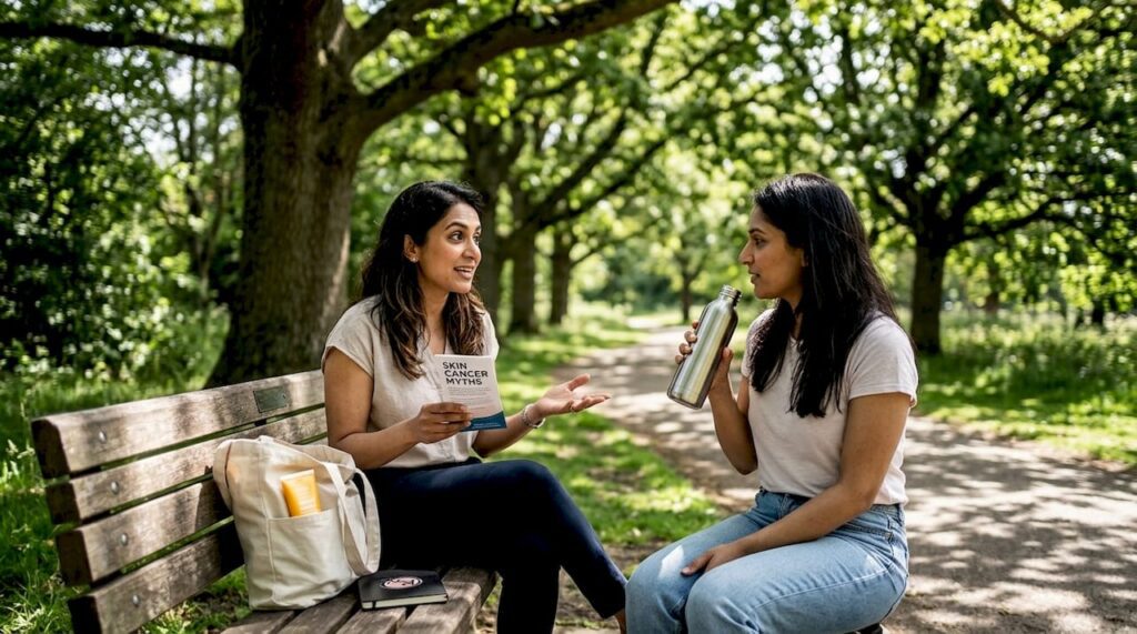 Two women discussing skin cancer myths outdoors, one holding a pamphlet titled "Skin Cancer Myths," seated on a bench surrounded by trees, emphasizing skin health awareness and protection.