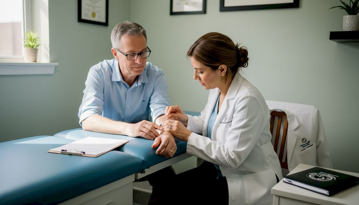 Dermatologist examining skin in clinic room
