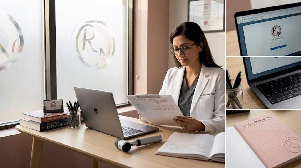 Dermatologist reviewing patient chart in a clinic setting, with a laptop and medical documents, emphasizing skin cancer mapping and Mohs surgery expertise.