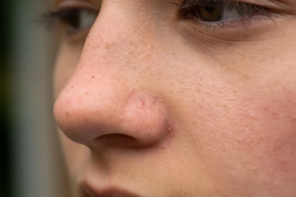 Close-up of a woman's nose before skin cancer assessment