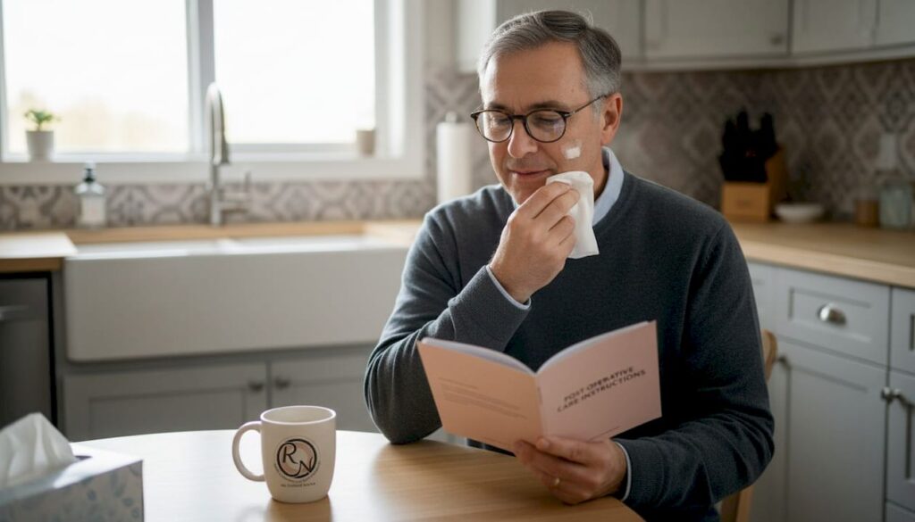 Man applying post-operative care to facial skin while reading a booklet on Mohs surgery aftercare, with a coffee mug and tissue box on the kitchen table.