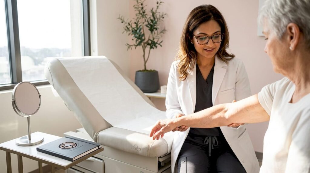Dermatologist examining a patient's arm for skin changes, highlighting the importance of early detection of squamous cell carcinoma symptoms.