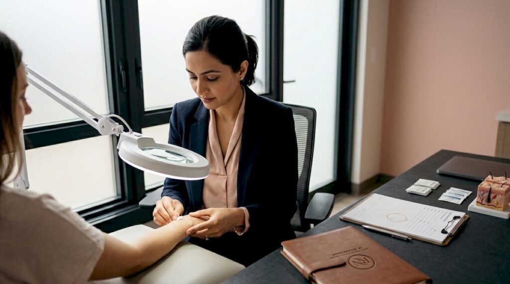 Dermatologist examining a patient's skin lesion in a modern clinic, highlighting the importance of early skin cancer detection and assessment.