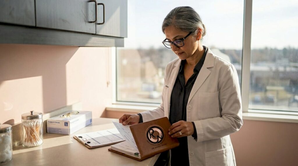 Dermatologist reviewing patient chart in consultation room, emphasizing skin cancer management after Mohs surgery.