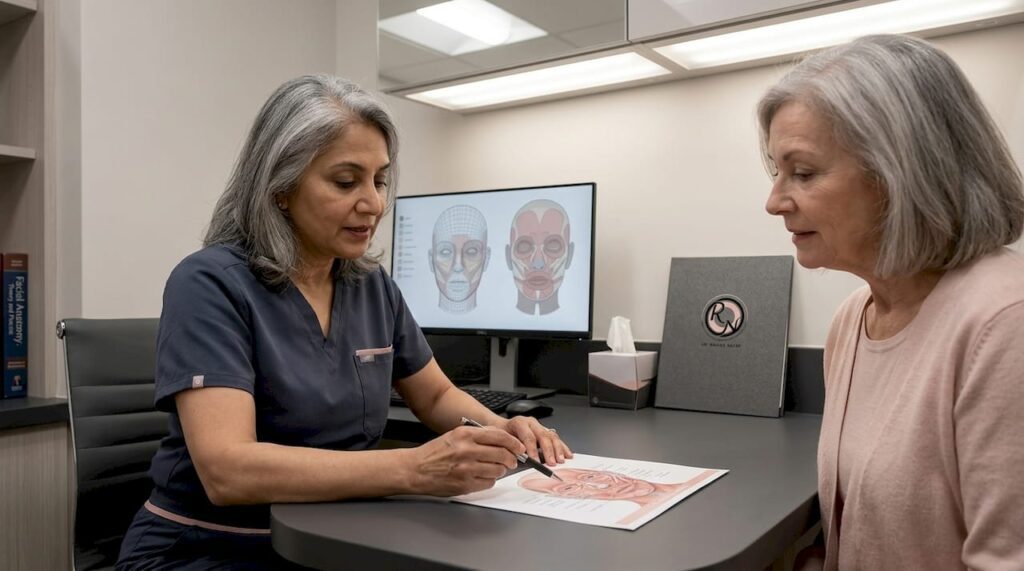 Surgeon consulting with patient about facial reconstructive surgery, discussing techniques and options after Mohs surgery, with anatomical diagrams in background.
