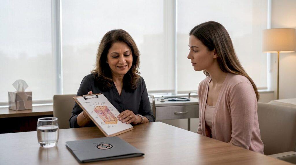 Dermatologist discusses procedure at clinic table