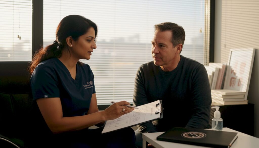Plastic surgeon consulting skin cancer patient