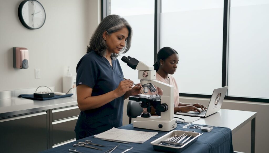 Dermatologist reviewing slides in Mohs operating room