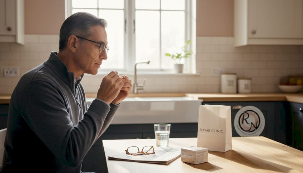 Man with a bandage on his face sitting at a kitchen table, holding a cup, with Nayar Clinic bag and skincare products visible, emphasizing post-facial Mohs surgery recovery and care.