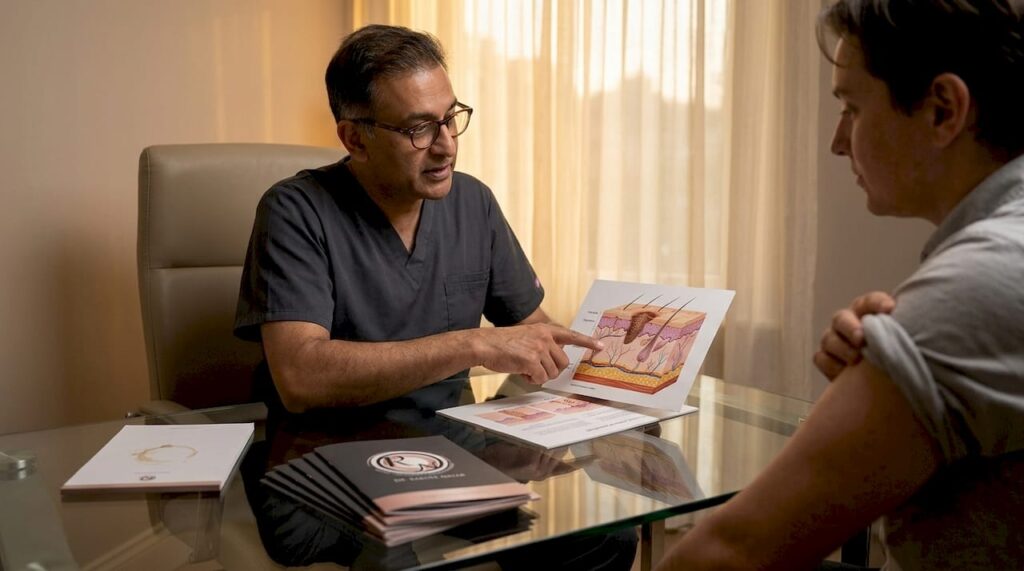Surgeon consulting patient about melanoma surgery