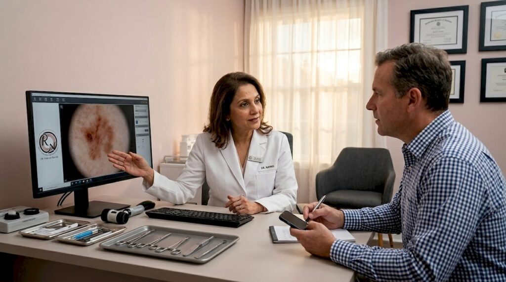 Dermatologist reviewing mole scan with patient