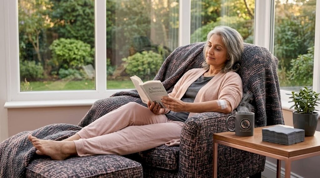 Woman resting in a cozy chair at home, reading a book, with a bandaged arm, illustrating post-surgery recovery and relaxation.