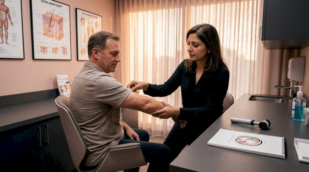 Dermatologist examines patient's forearm in clinic