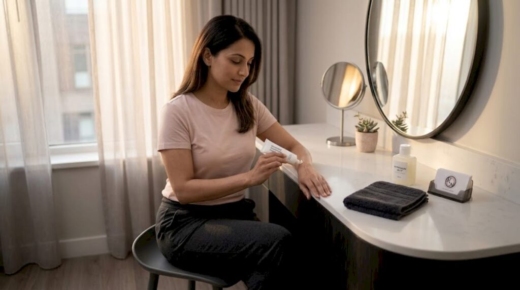 Woman applying moisturizer to scar at home