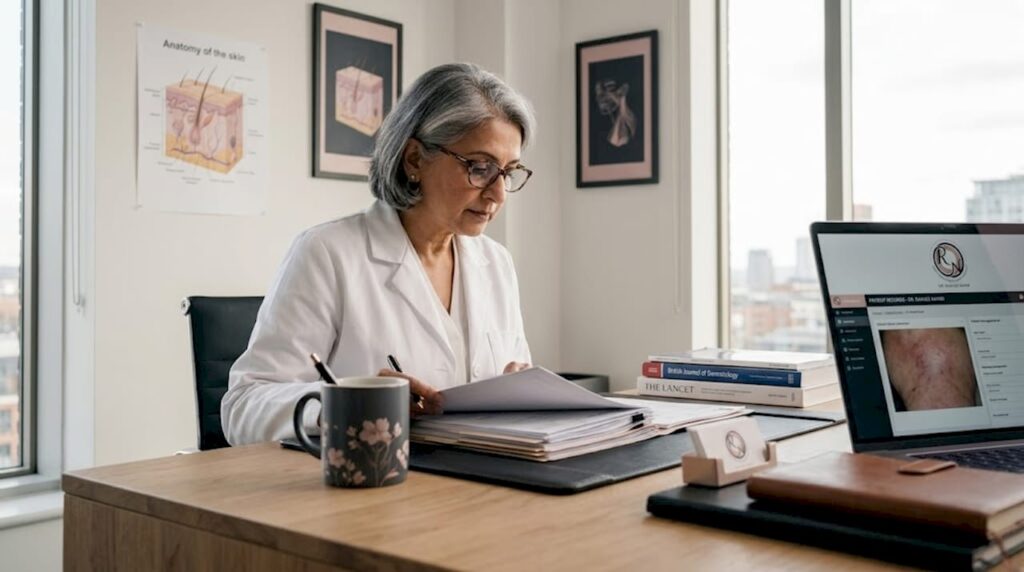 Dermatologist reviewing Mohs surgery charts