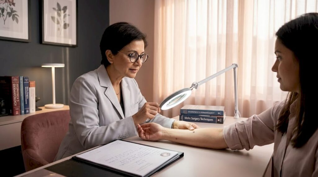 Dermatologist checks mole in exam room