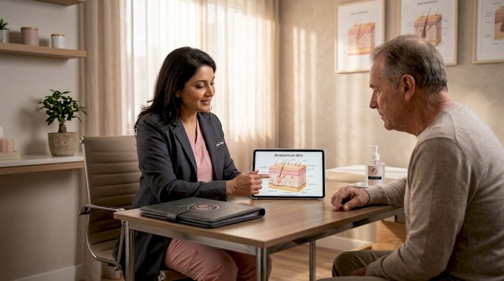 Dermatologist and patient discuss Mohs surgery