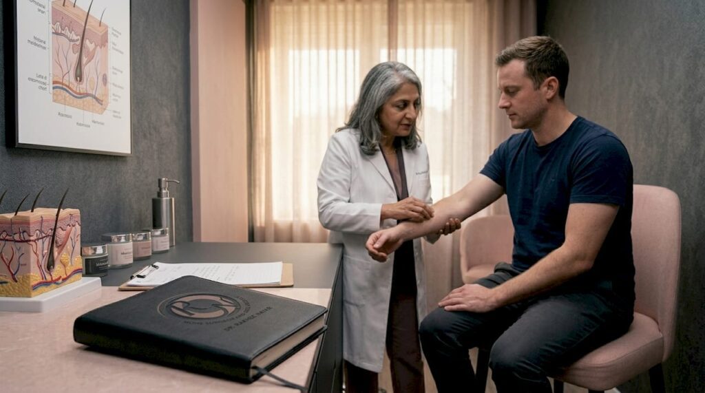 Dermatologist examines patient&rsquo;s skin lesion