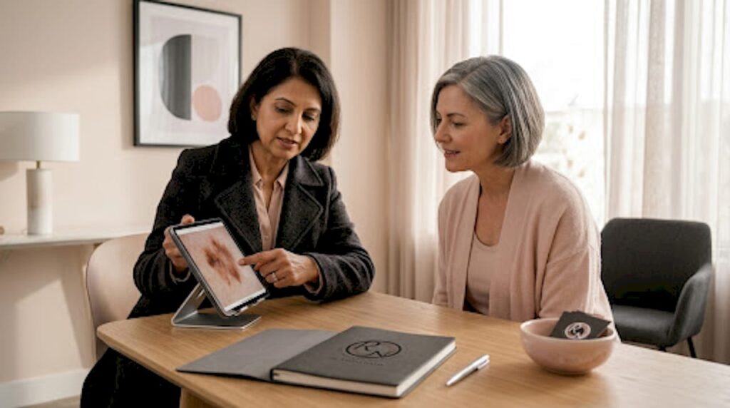 Specialist reviews dermoscopy scan with patient
