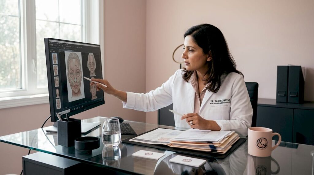 Surgeon reviewing facial skin cancer plans