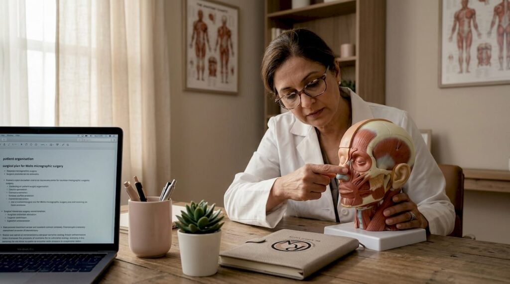 Mohs surgeon studying facial anatomy model