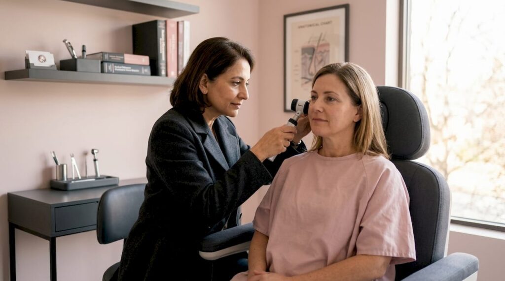 Dermatologist examining facial skin cancer on patient