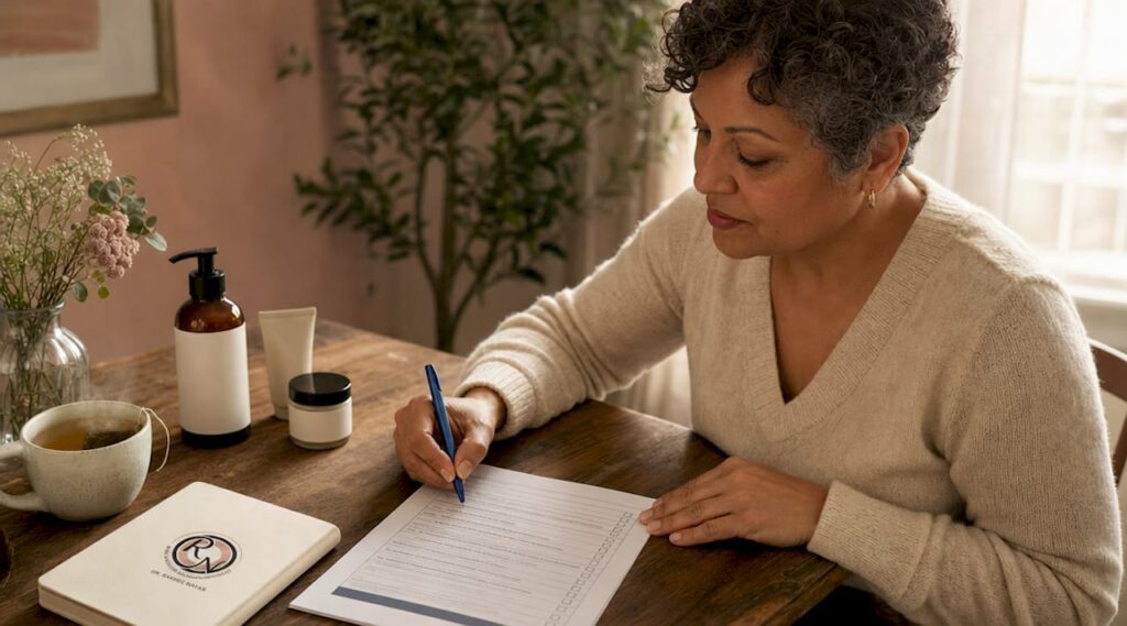 Woman completing skin cancer surgery checklist