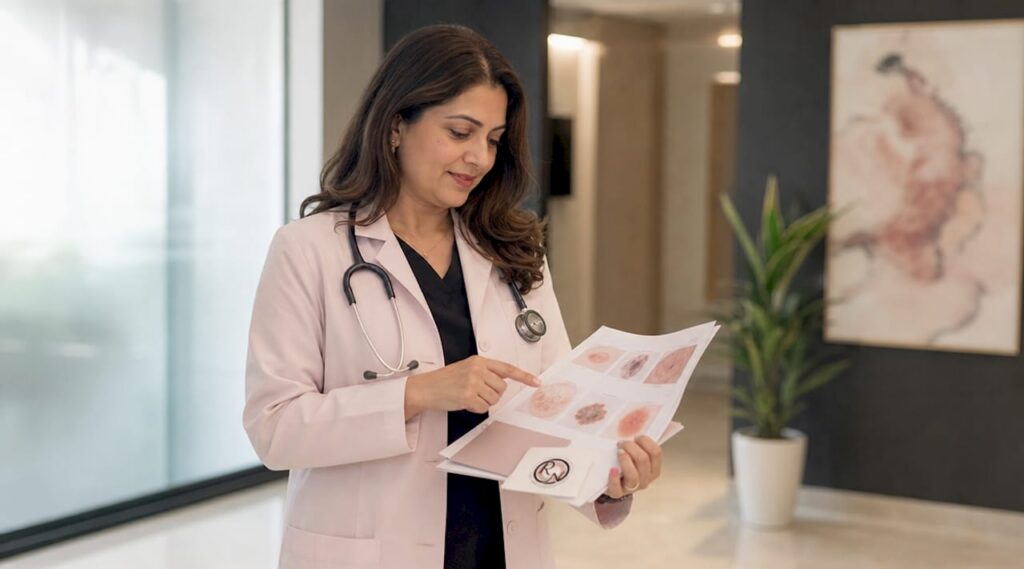 Dermatologist consulting patient about skin cancer