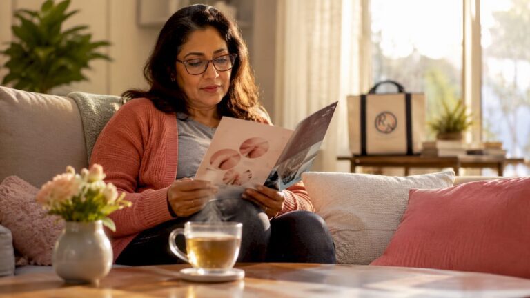 Woman preparing for skin biopsy reading brochure
