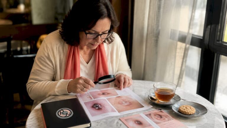 Woman reviewing NHS skin cancer images at home
