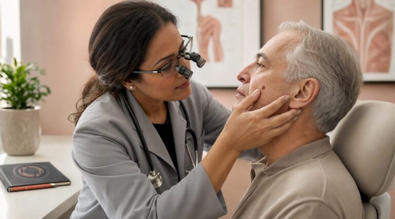 Dermatologist examining patient's skin lesion