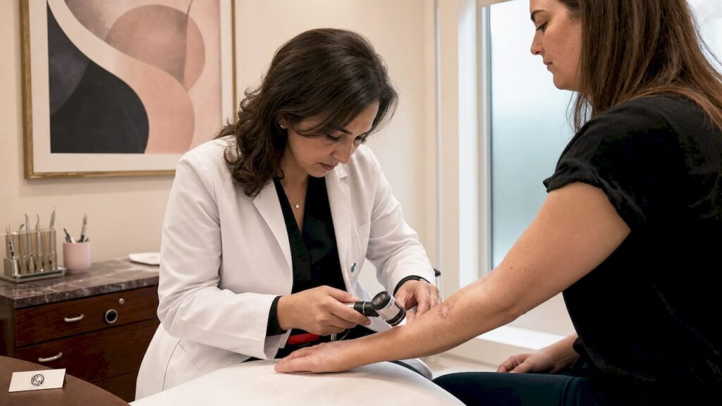 Dermatologist examining skin cancer lesions on patient
