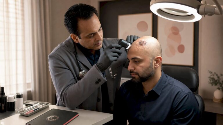 Dermatologist examining scalp lesion with dermatoscope