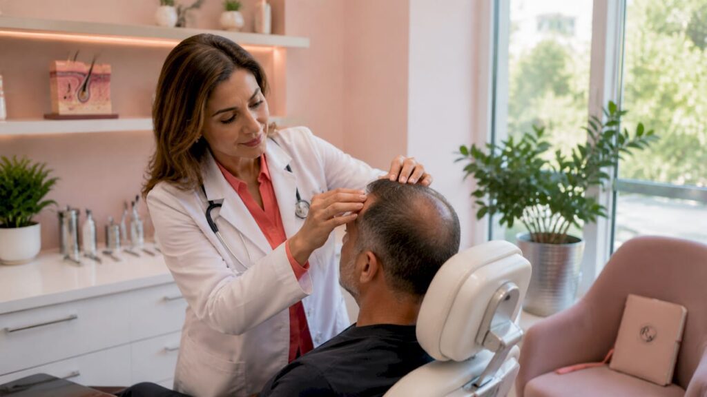 Dermatologist examining patient's scalp cyst