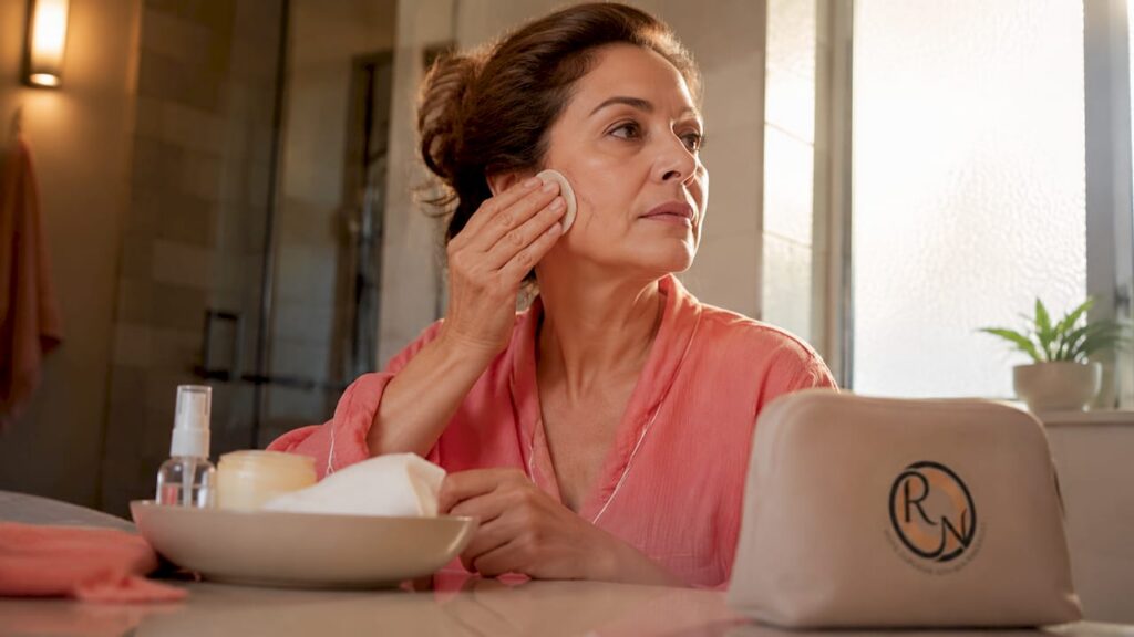 Woman applying gentle cleanser after Mohs surgery
