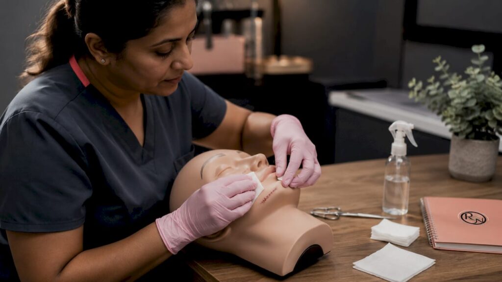 Nurse cleaning facial surgery wound on mannequin