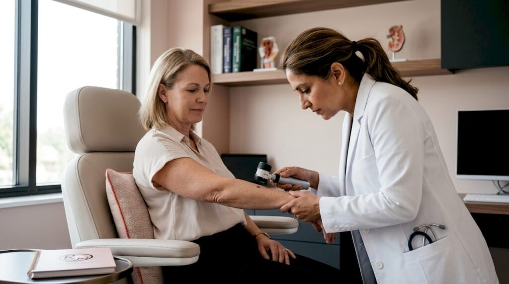 Dermatologist examining melanoma mole on patient's arm