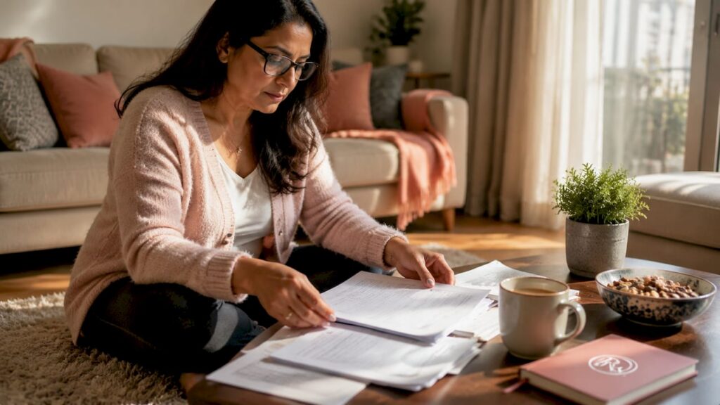 Woman organizing surgery preparation documents at kitchen table