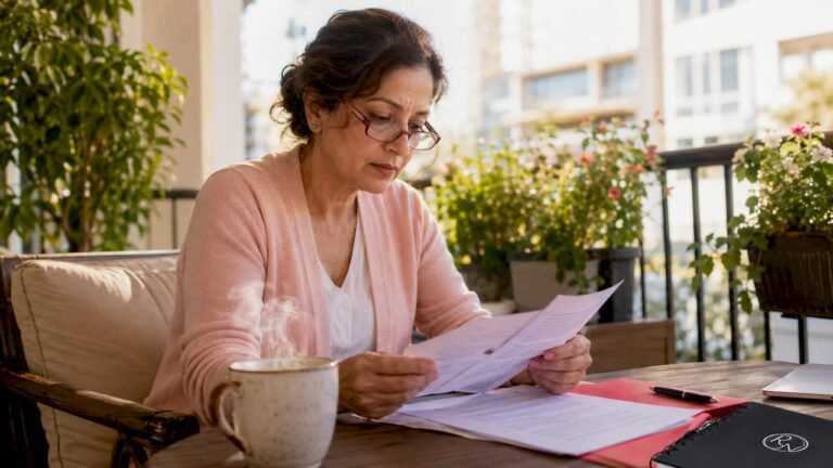 Woman reviewing melanoma diagnosis documents