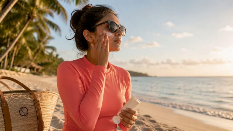 Woman applying sunscreen outdoors in park